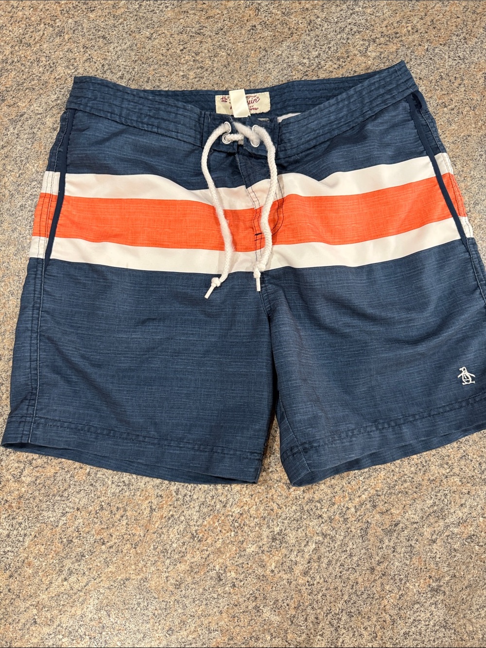 Original Penguin Navy Trunks with Orange & White Stripes size 31